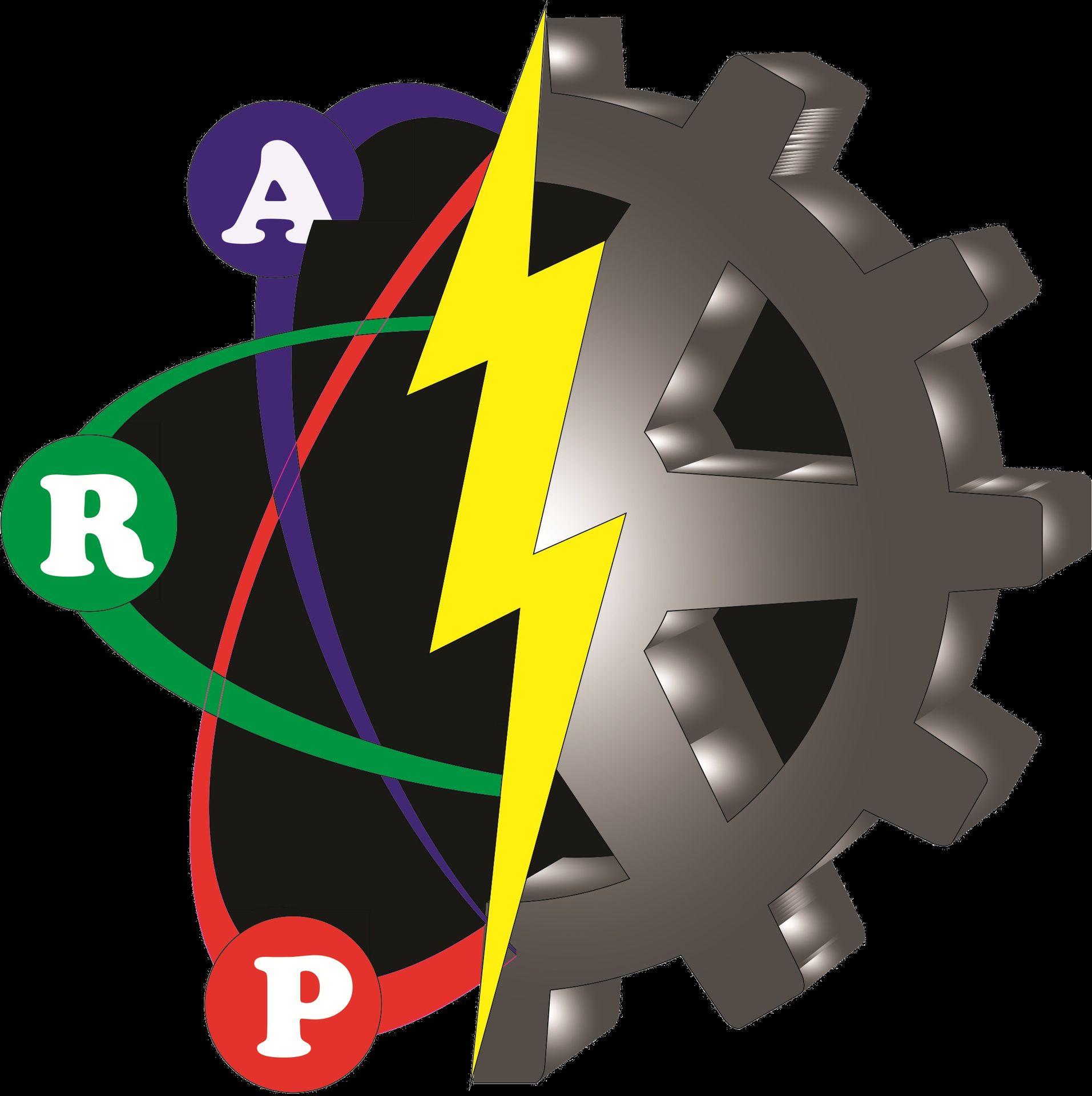 Illustration of atoms orbiting around a lightning bolt and gear.